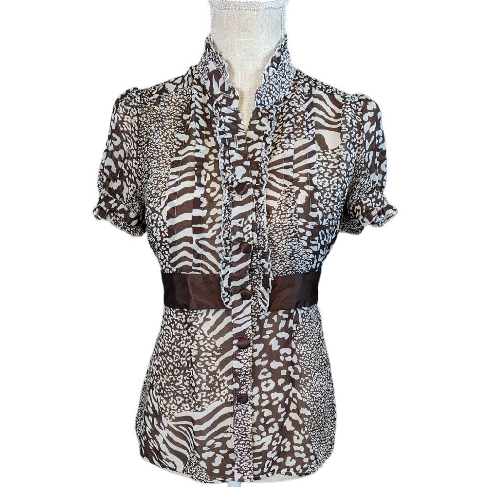 Cotton Express Blouse Top Women's Medium Babydoll Sheer Brown Animal Print